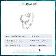 Cat and Moon Cute Animal Opening Ring Moonstone Adjustable Ring