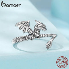 Bamoer 925 Sterling Silver Flying Dragon Series Open Ring Pterosaur Earrings Adjustable Chinese Dragon Jewelry for Women Gifts