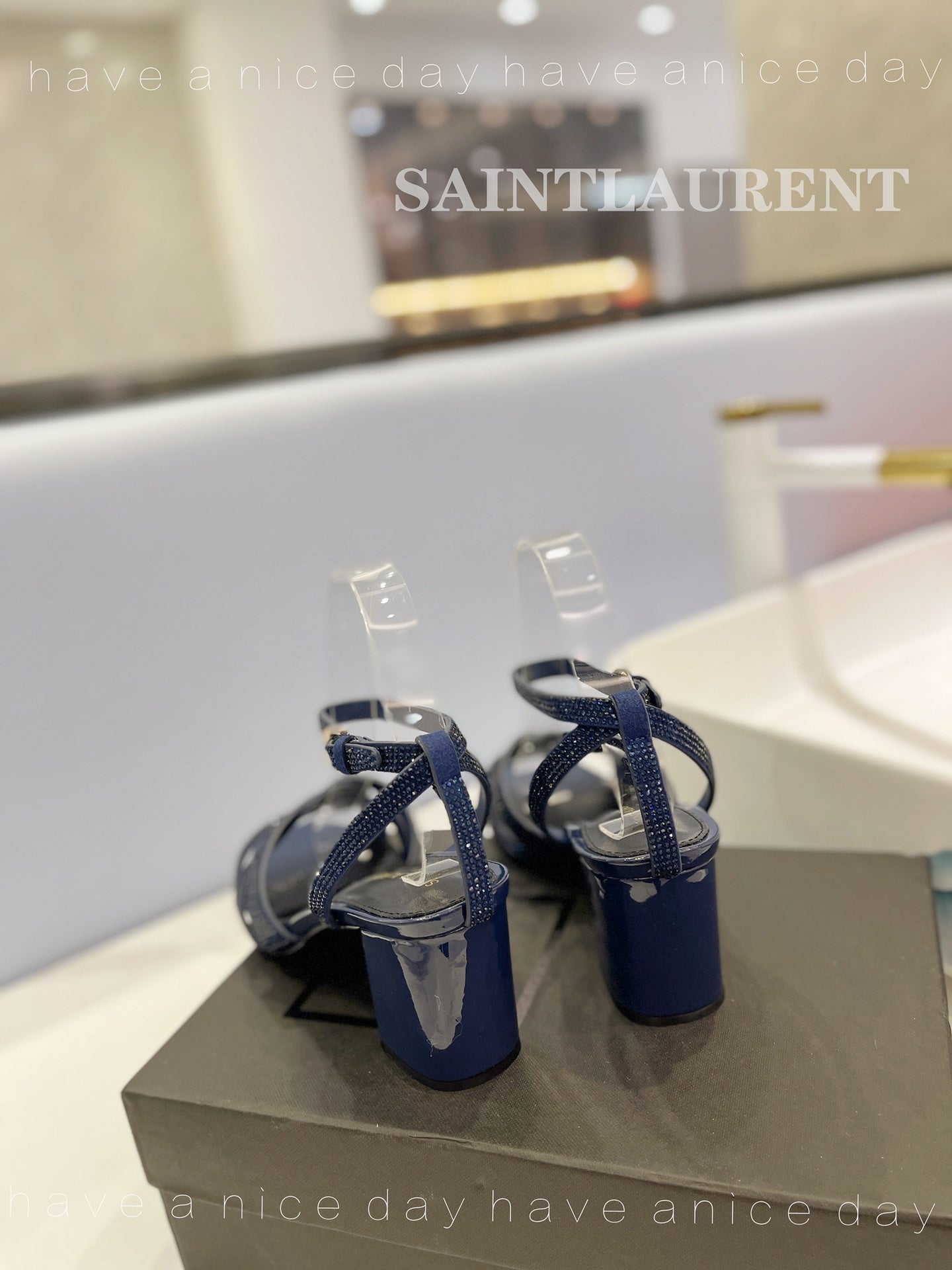 SL TRIBUTE CRYSTAL SANDALS GLOSSY NAVY CALFSKIN