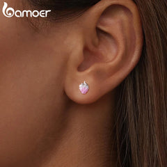 BAMOER 925 Sterling Silver Transparent Strawberry Stud Earrings Pink Enamel Earrings Original for Women Hypoallergenic Lovely