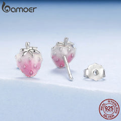 BAMOER 925 Sterling Silver Transparent Strawberry Stud Earrings Pink Enamel Earrings Original for Women Hypoallergenic Lovely