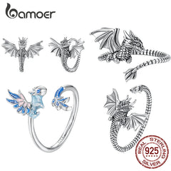 Bamoer 925 Sterling Silver Flying Dragon Series Open Ring Pterosaur Earrings Adjustable Chinese Dragon Jewelry for Women Gifts