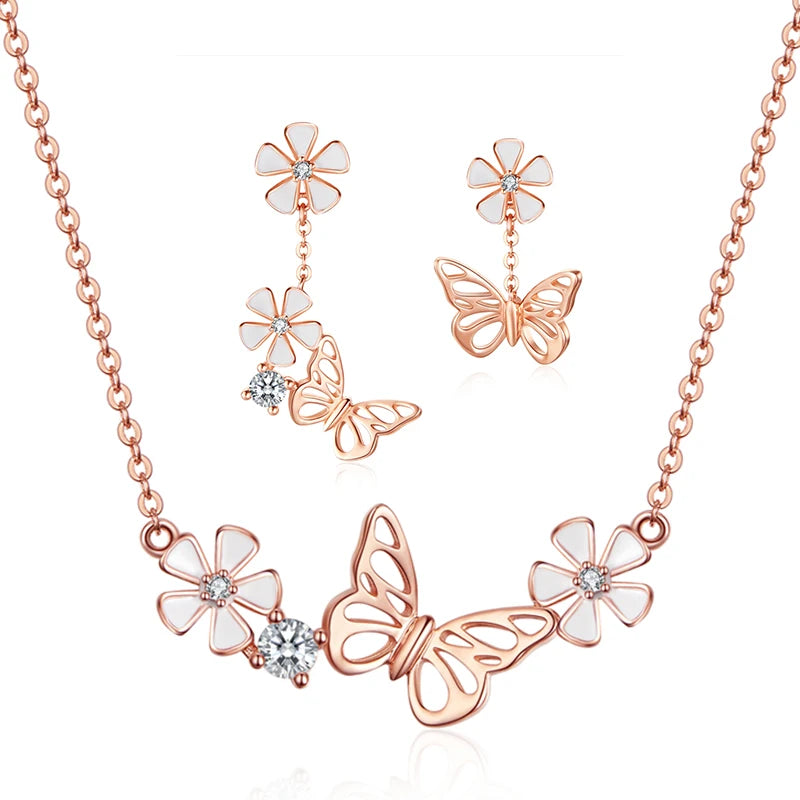 Bamoer 925 Sterling Silver K Gold Rose Earring Butterfly Necklace Jewelry Set Flowers for Women Ladies Luxury Elegant Wedding