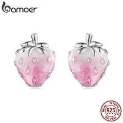 BAMOER 925 Sterling Silver Transparent Strawberry Stud Earrings Pink Enamel Earrings Original for Women Hypoallergenic Lovely