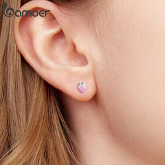 BAMOER 925 Sterling Silver Transparent Strawberry Stud Earrings Pink Enamel Earrings Original for Women Hypoallergenic Lovely