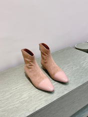 ALAIA 26S ANKLE BOOTS IN DARK BEIGE SUEDE AND GLOSSY CALFSKIN