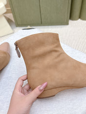 ALAIA 26S ANKLE BOOTS IN DARK BEIGE SUEDE AND GLOSSY CALFSKIN