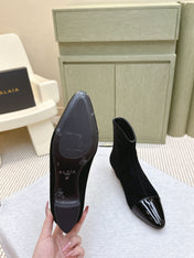 ALAIA 26S ANKLE BOOTS IN BLACK SUEDE AND GLOSSY CALFSKIN