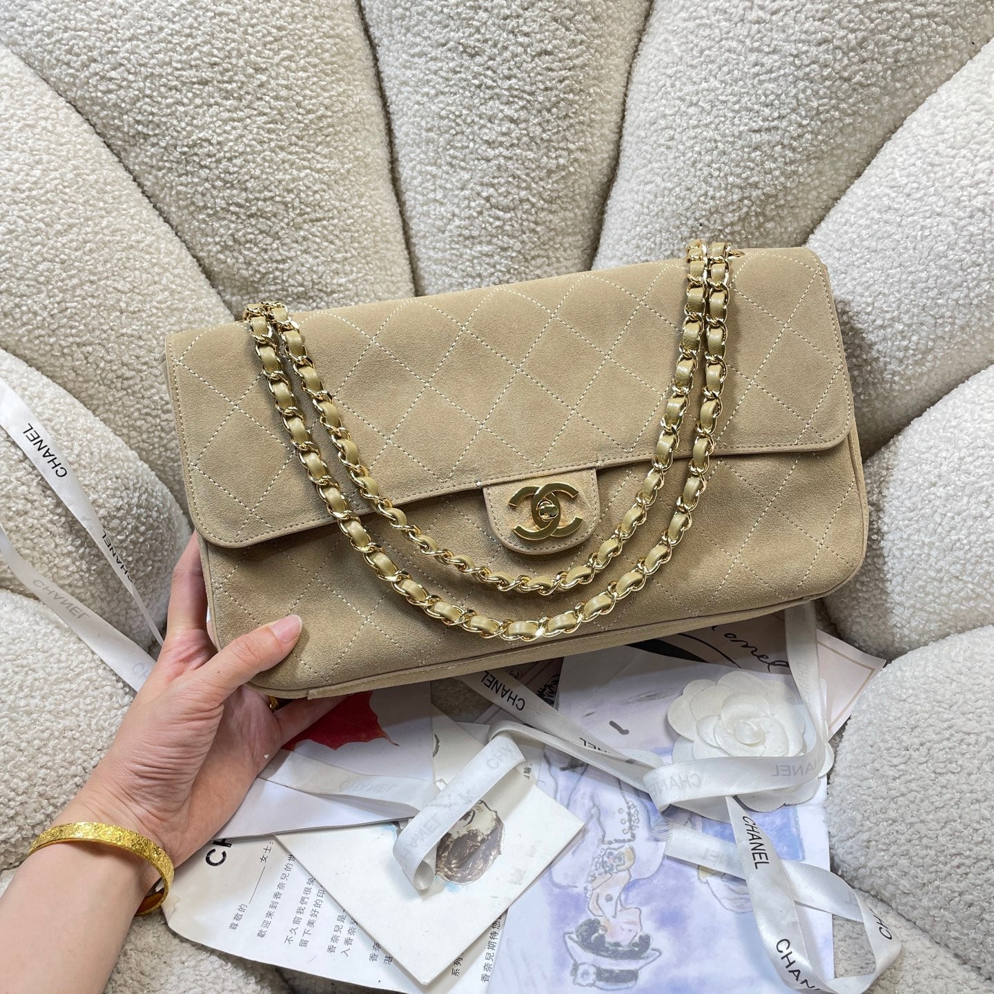 CHANEL 26S CLASSIC FLAP 33 IN BEIGE SUEDE
