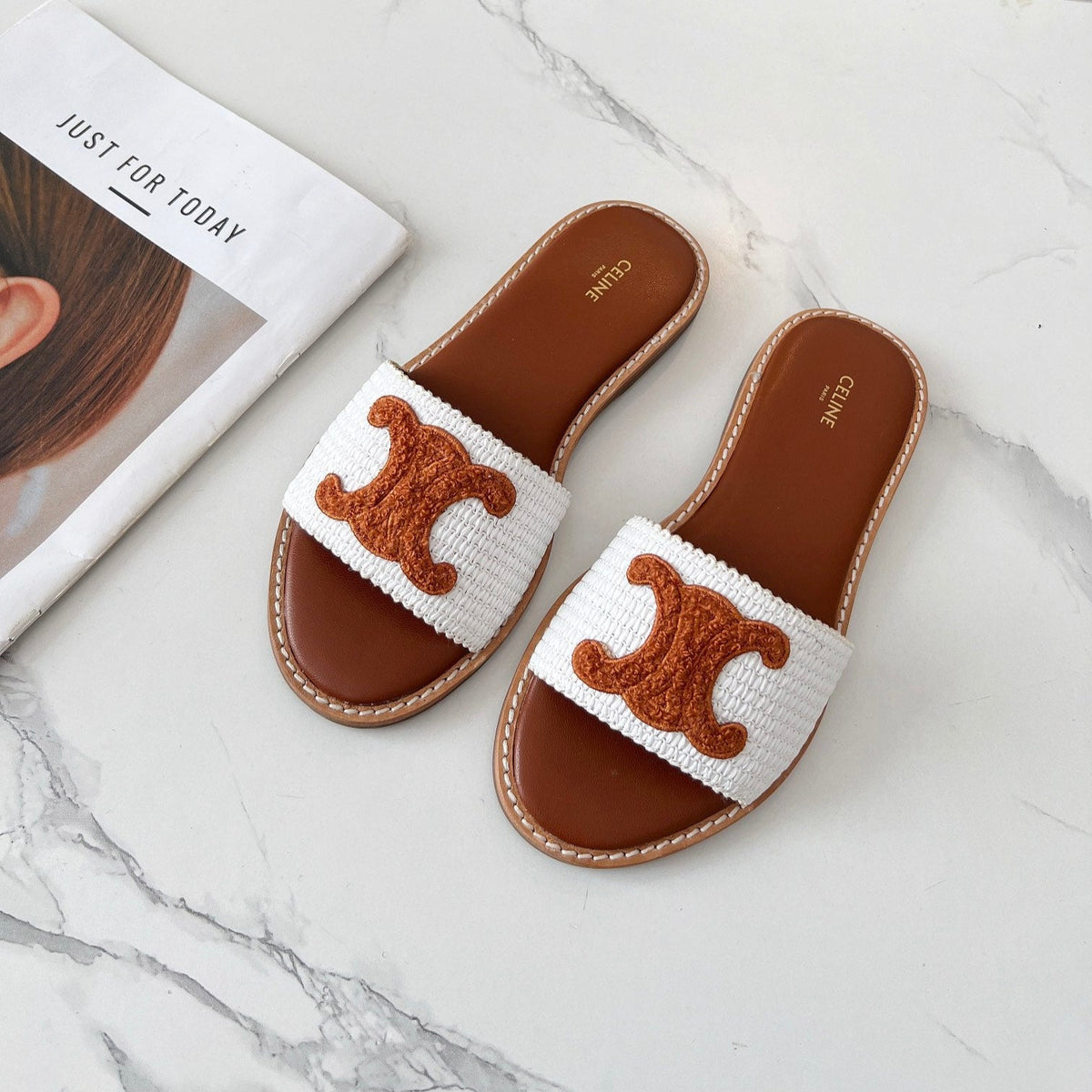 LYMPIA MULE WHITE RAFFIA AND TAN WOOL