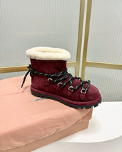 LACE-UP ANKLE BOOTS IN BERRY RED SUEDE AND FLEECE LINING