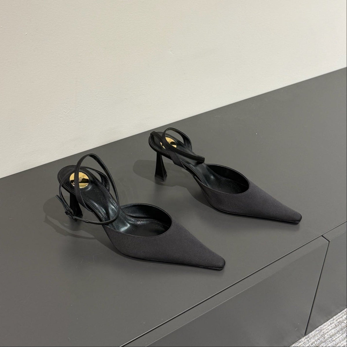 AIMÉE SLINGBACK PUMPS IN BLACK SATIN