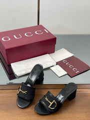 HIGH HEEL MULE 5.5 CM IN BLACK CALFSKIN MIX FABRIC AND GOLD HARDWARE