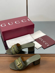 HIGH HEEL MULE 5.5 CM IN MOSS GREEN CALFSKIN MIX FABRIC AND GOLD HARDWARE