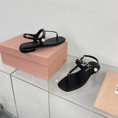 Pearl Chain Flip-Flops Black Color Leather