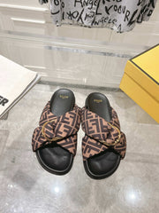 FF KNOT SLIDE SANDALS IN BROWN FABRIC