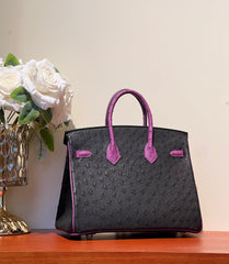 KELLY  SELLIER 25 BAG IN BLACK MIX ORCHID PURPLE OSTRICH LEATHER