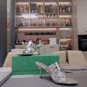 STRAPPY HIGH-HEELED SANDALS IN SILVER STUDDED WAX-OIL SHEEPSKIN