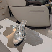 STRAPPY HIGH-HEELED SANDALS IN SILVER STUDDED WAX-OIL SHEEPSKIN